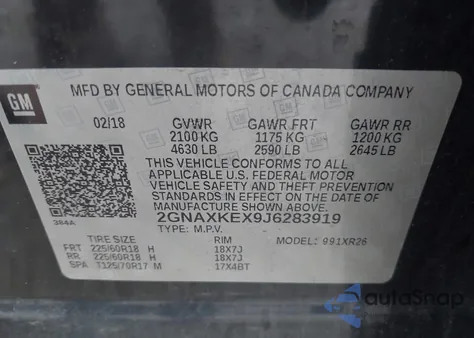 2018 Chevrolet Equinox Lt из США, поврежденный, VIN 2GNAXKEX9J6283919